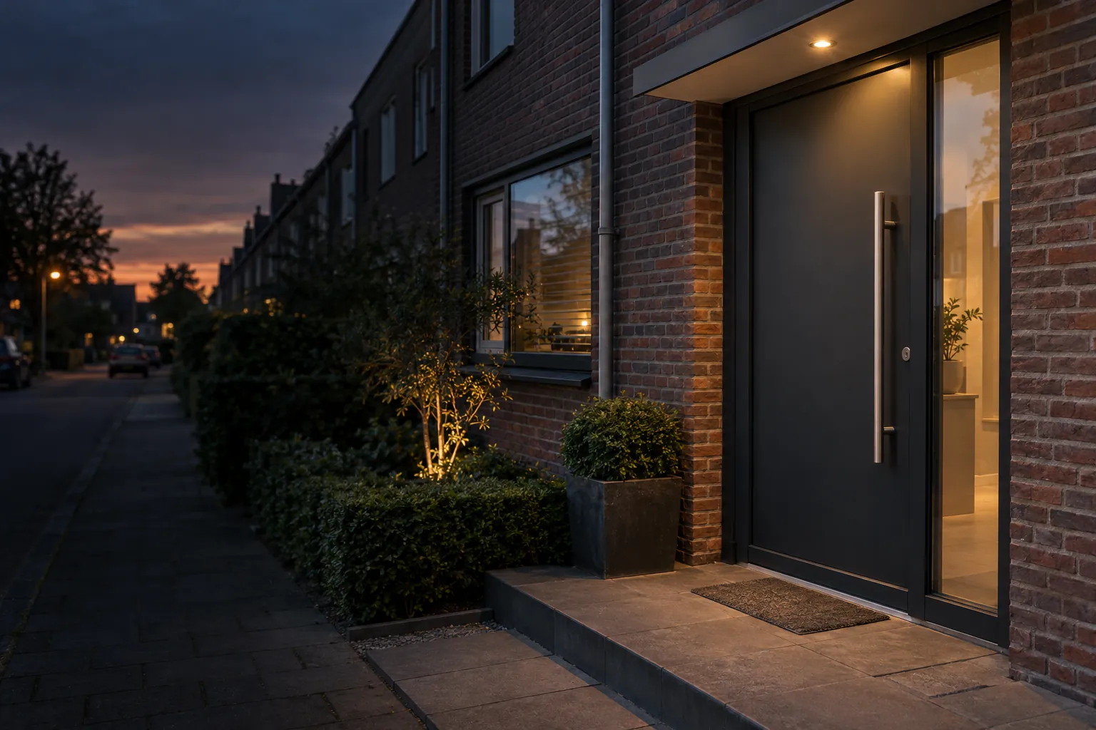 Antracietkleurige voordeur met zijlicht in een bakstenen gevel
