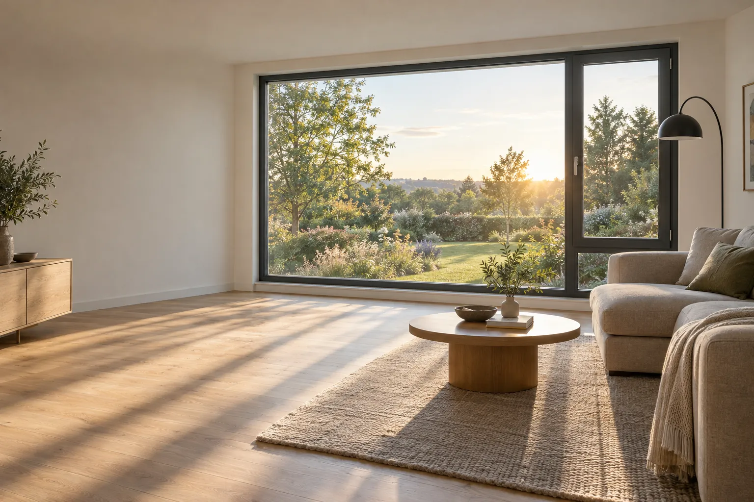 Woonkamer met een groot kozijn met uitzicht op de tuin