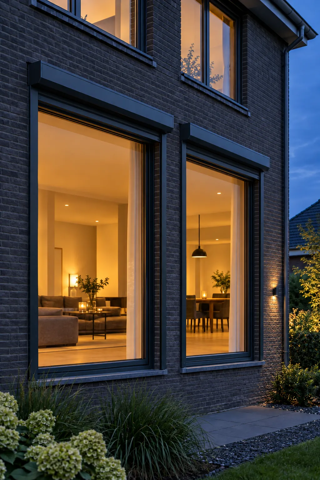 Gevel met twee grote ramen, rolluiken omhoog, binnen brandt warm licht