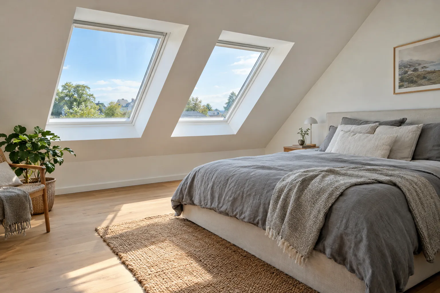 Slaapkamer met twee dakramen in het schuine dak